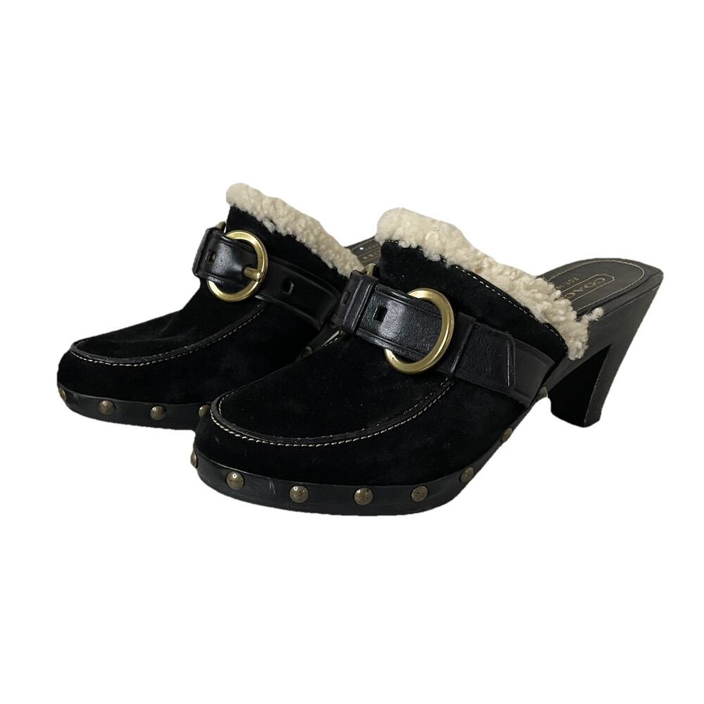 COACH Sondra Heeled Clogs Mules Black Suede Shearling Lined Buckles Studs Sz 9.5